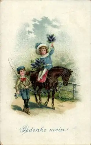 Künstler Ak Gedenke mein, Junge und Mädchen mit einem Pferd