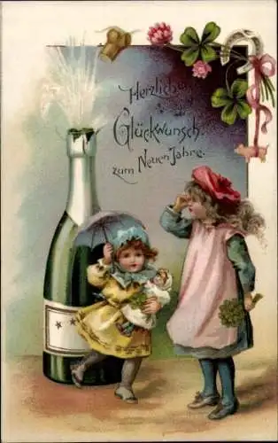 Ak Glückwunsch Neujahr, Mädchen, Sektflasche, Kleeblätter