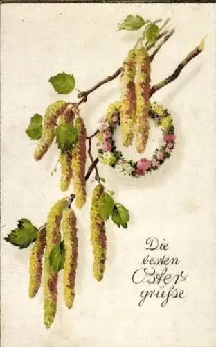 Ak Glückwunsch Ostern, Blumenkranz, Haselzweige