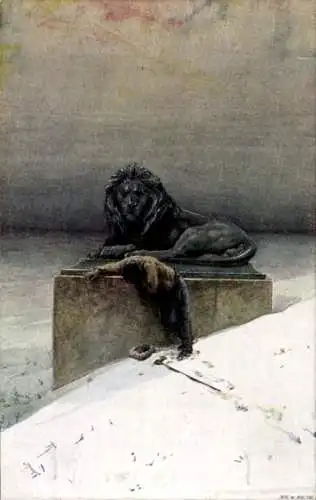 Künstler Ak Tschechien, Erschöpfter Mann am Löwendenkmal