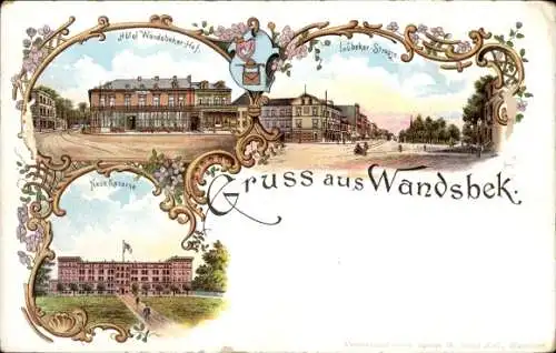 Litho Hamburg Wandsbek, Hotel Wandsbeker Hof, Lübecker Straße, Neue Kaserne