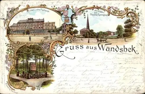 Litho Hamburg Wandsbek, Hotel Zum alten Posthaus, Markt, Claudius-Gymnasium, Claudius-Denkmal