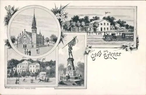 Litho Erkner in Brandenburg, Denkmal, Bahnhof, Kirche, Eisenbahn