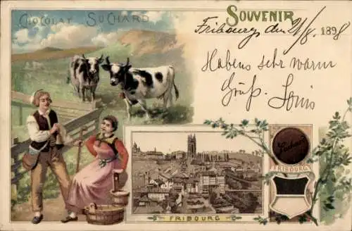 Litho Fribourg Freiburg Stadt Schweiz, Chocolat Suchard, Trachten, Wappen