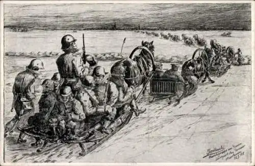 Künstler Ak Pärnu Pernau Estland, Soldaten, Schlittengespann, Jahr 1918