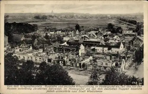 Ak Schirwindt Russland, Kriegszerstörungen 1. WK, im Hintergrund Wladislawow