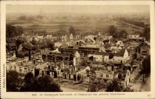 Ak Schirwindt Russland, Panorama, im Hintergrund Wladislawow, Kriegszerstörungen 1. WK