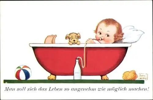Künstler Ak Wills, John, Kind in der Badewanne, Hund, Flasche