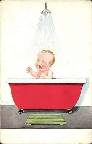 Künstler Ak Wills, John, Weinendes Kind in einer Badewanne, Dusche