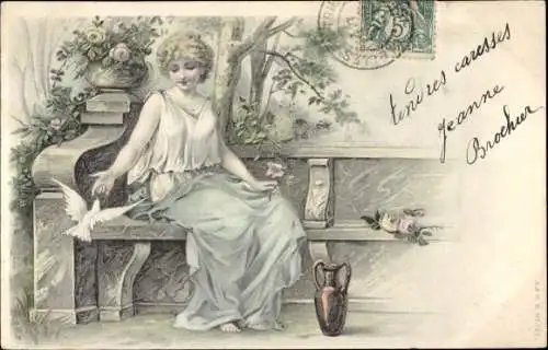 Litho Frau auf einer Bank sitzend, Taube, Amphore