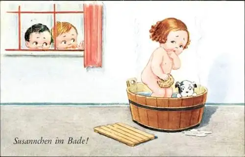Künstler Ak Wills, John, Susannchen im Bade, Mädchen im Waschzuber, Hund