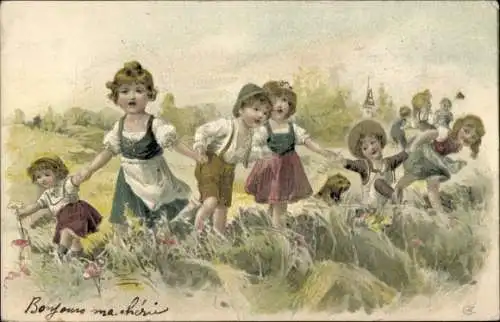 Litho Kinder auf der Blumenwiese, Portraits