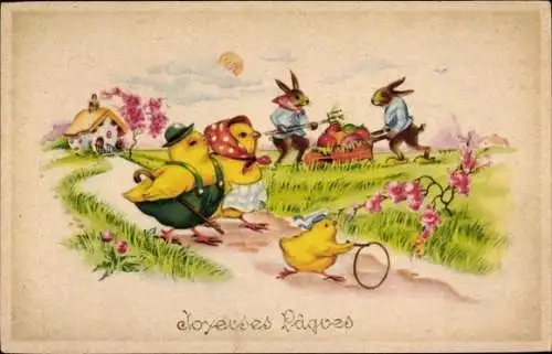 Ak Glückwunsch Ostern, Küken, Kreisel, Osterhasen, Ostereier