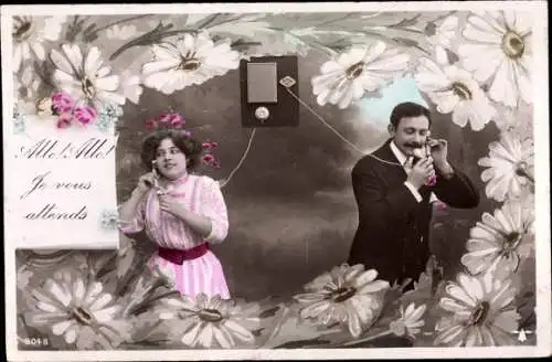 Ak Liebespaar beim Telefonieren, Blumen, Kitsch