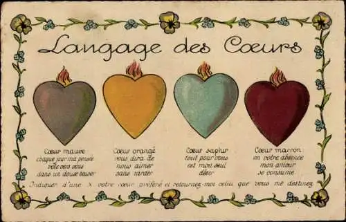 Ak Language of Hearts, Lila Herz, Orange Herz, Braunes Herz