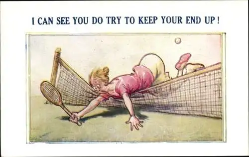 Ak Tennis Comic, Tollpatschige Frau, Tennisspiel, Tennisspielerin