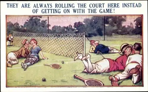 Ak Tennis Comic, Liebespaare, Gespräch auf dem Tennisspielplatz, Tennisschläger
