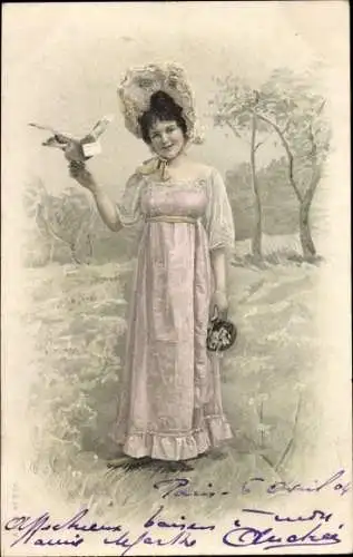 Litho Frau mit Taube und Hut, Portrait