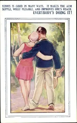 Ak Tennis Comic, Liebespaar, Spaziergang, Tennisschläger