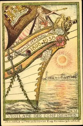 Ak Niederländisches Schiff, Kriegerin, Wappen, Allegorie, Jahre 1898-1938