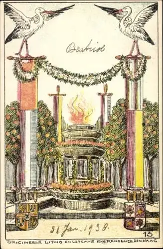 Ak Niederlande, Störche, Flamme, Fahnen, Wappen