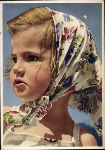 Ak Mädchen-Portrait, Kopftuch mit Blumen