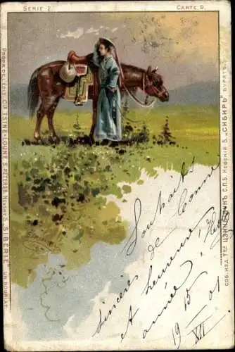 Künstler Litho Sibirien, Mann in Tracht, Braunes Pferd, Wiese