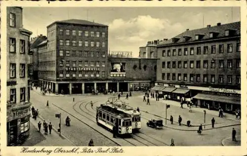 Ak Zabrze Hindenburg Schlesien, Peter-Paul-Platz, Straßenbahnen