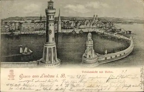 Ak Lindau am Bodensee Schwaben, Totalansicht, Hafen, Leuchtturm, Löwenstatue, Alter Leuchtturm