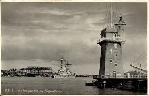 Ak Kiel, Hafen mit Signalturm, Kriegsschiff