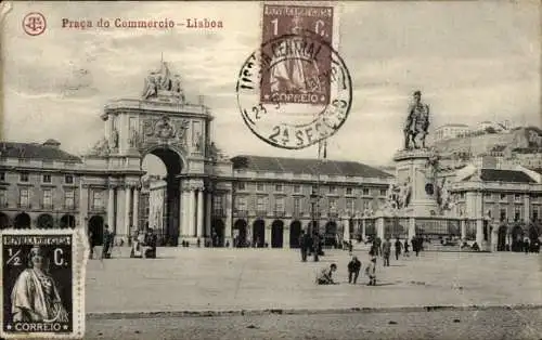 Ak Lisboa Lissabon Portugal, Praca do Comercio, Platz, Denkmal, Torbogen