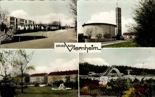 Ak Viernheim in Hessen, Kirche, Schwimmbad, Hochhäuser, Ortspartie