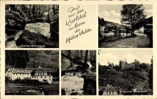 Ak Karlstal Trippstadt in der Pfalz, Herrenhaus, Klug'sche Mühle, Wasserfall, Burgruine Wilenstein