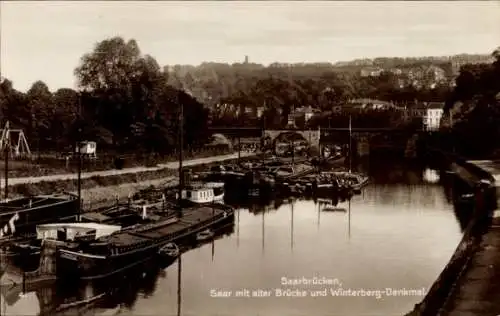 Ak Saarbrücken a.d. Saar, alte Brücke und Winterberg Denkmal