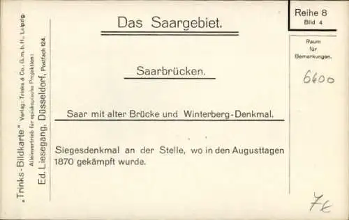 Ak Saarbrücken a.d. Saar, alte Brücke und Winterberg Denkmal