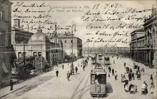 Ak Ludwigshafen am Rhein, Bahnhof, Straßenbahnen