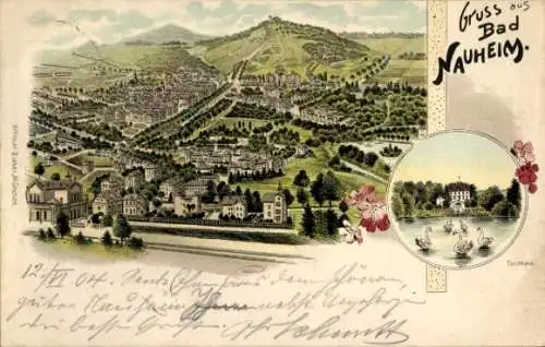 Litho Bad Nauheim im Wetteraukreis Hessen, Panorama, Teichhaus