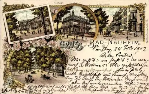 Litho Bad Nauheim in Hessen, Postamt, Badehäuser, Bahnhofstraße, Kurstraße