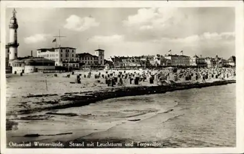 Ak Ostseebad Warnemünde Rostock, Strand, Leuchtturm, Teehaus