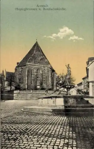 Ak Arnstadt in Thüringen, Hopfenbrunnen, Bonifatiuskirche