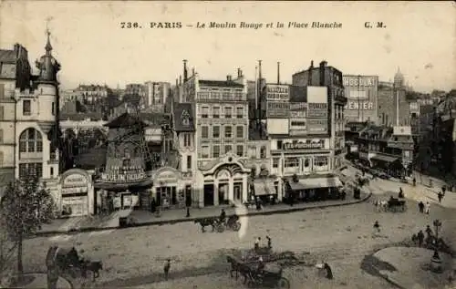 Ak Paris XVIII. Arrondissement Buttes-Montmartre, Le Moulin Rouge et la Place Blanche