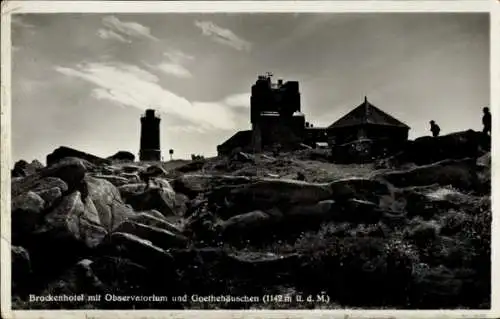 Ak Brocken Nationalpark Harz, Brockenturm, Brockenhotel, Goethehäuschen