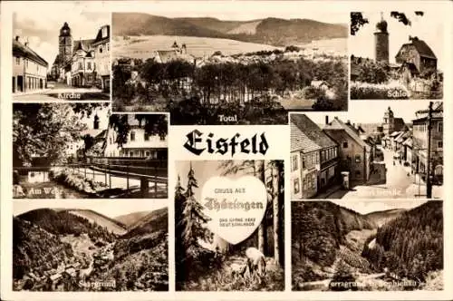 Ak Eisfeld in Thüringen, Kirche, Schloss, Marktstraße, Werragrund, Rotwild, Saargrund, Panorama