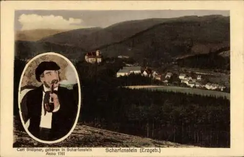 Ak Scharfenstein Erzgebirge, Portrait Carl Stülpner, Panorama