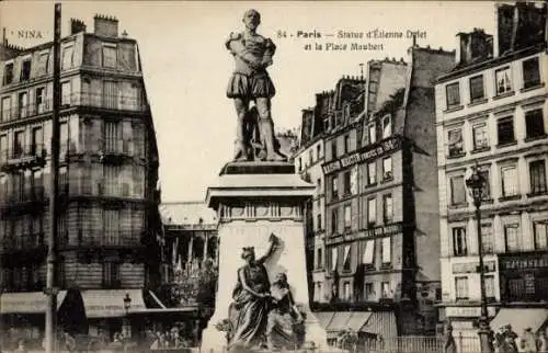Ak Paris V, Statue d'Etienne Dolet, Place Maubert