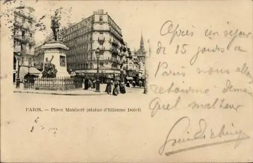 Ak Paris V, Place Maubert, Statue d'Etienne Dolet