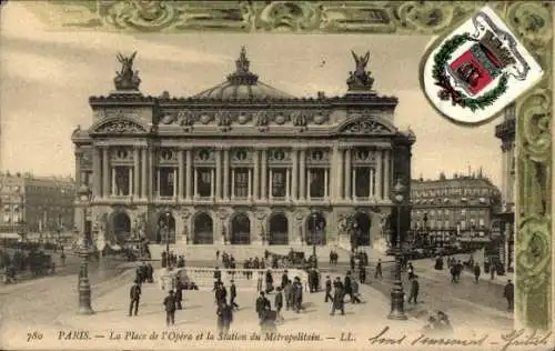 Ak Paris IX Opéra, La Place de l'Opera, Station du Metropolitain, Wappen