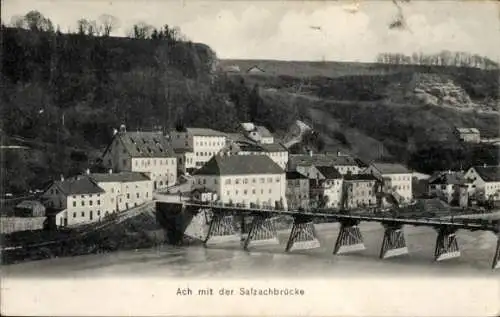 Ak Ach Burghausen an der Salzach Oberbayern, Salzachbrücke, Ort