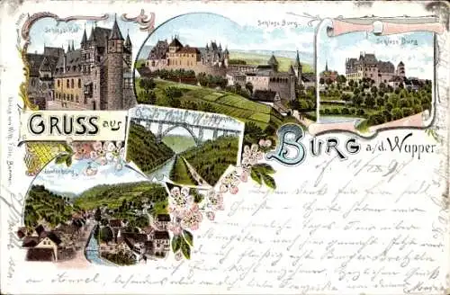 Litho Solingen in Nordrhein Westfalen, Schlosshof, Schloss Burg, Unterburg, Kaiser Wilhelm Brücke