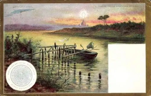 Künstler Litho Roma Rom Lazio, Wasserpartie, Ruderboot, Kreuz